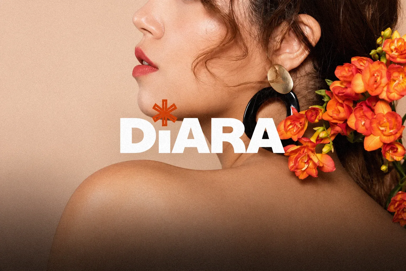 Diara: the Diara wordmark over a portrait with a gold earring and orange flowers