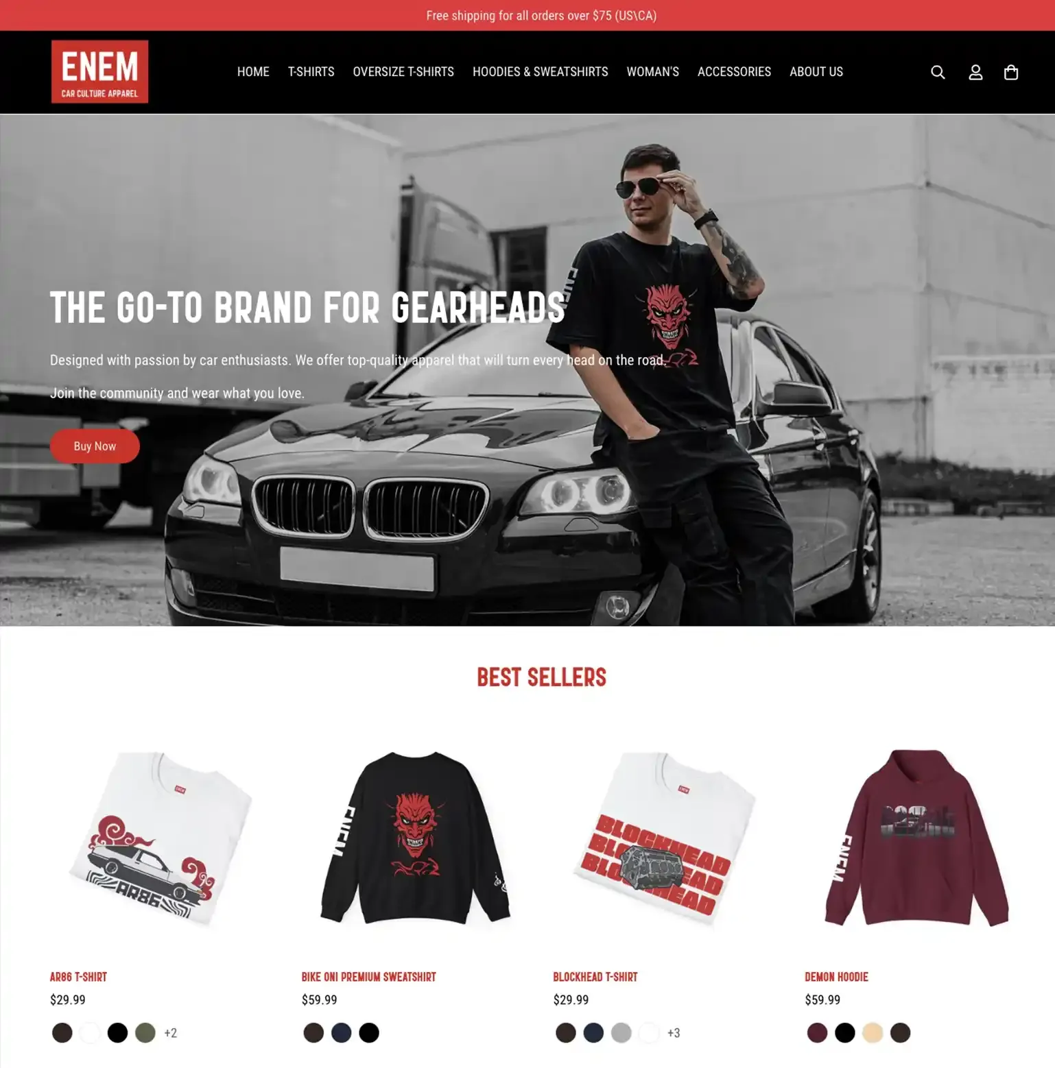 ENEM Car Culture: Shopify build by Digital TEN X, a car-culture apparel brand, built for the prints and the people who get them