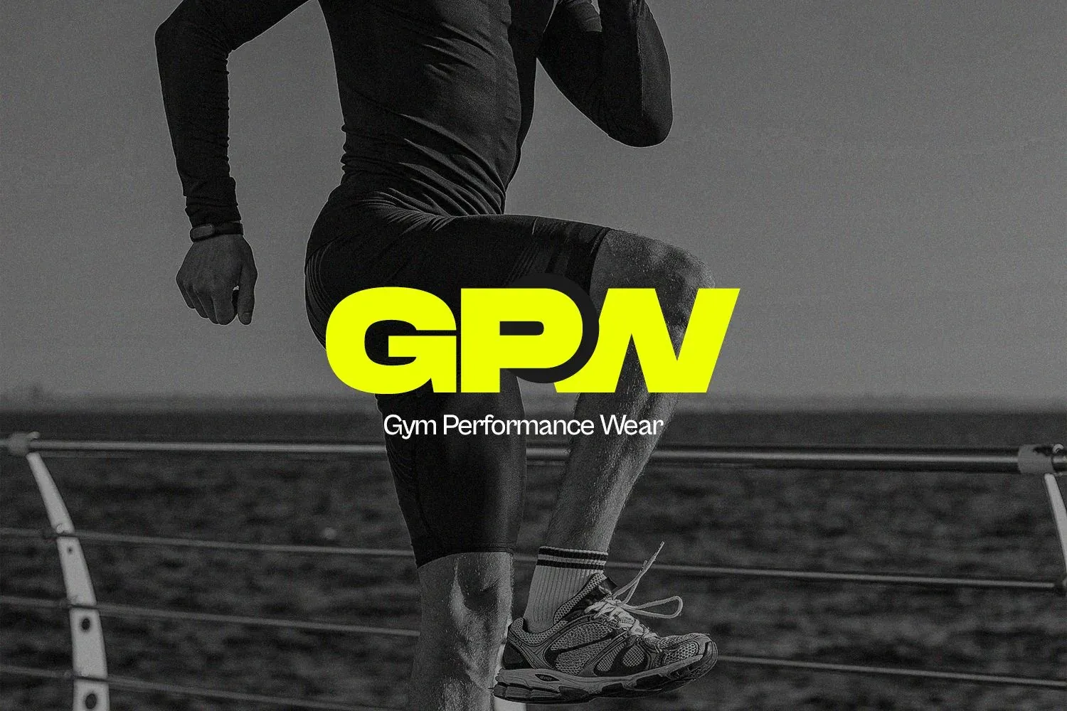 Gym Performance Wear: the GPW wordmark in neon yellow over a black-and-white runner