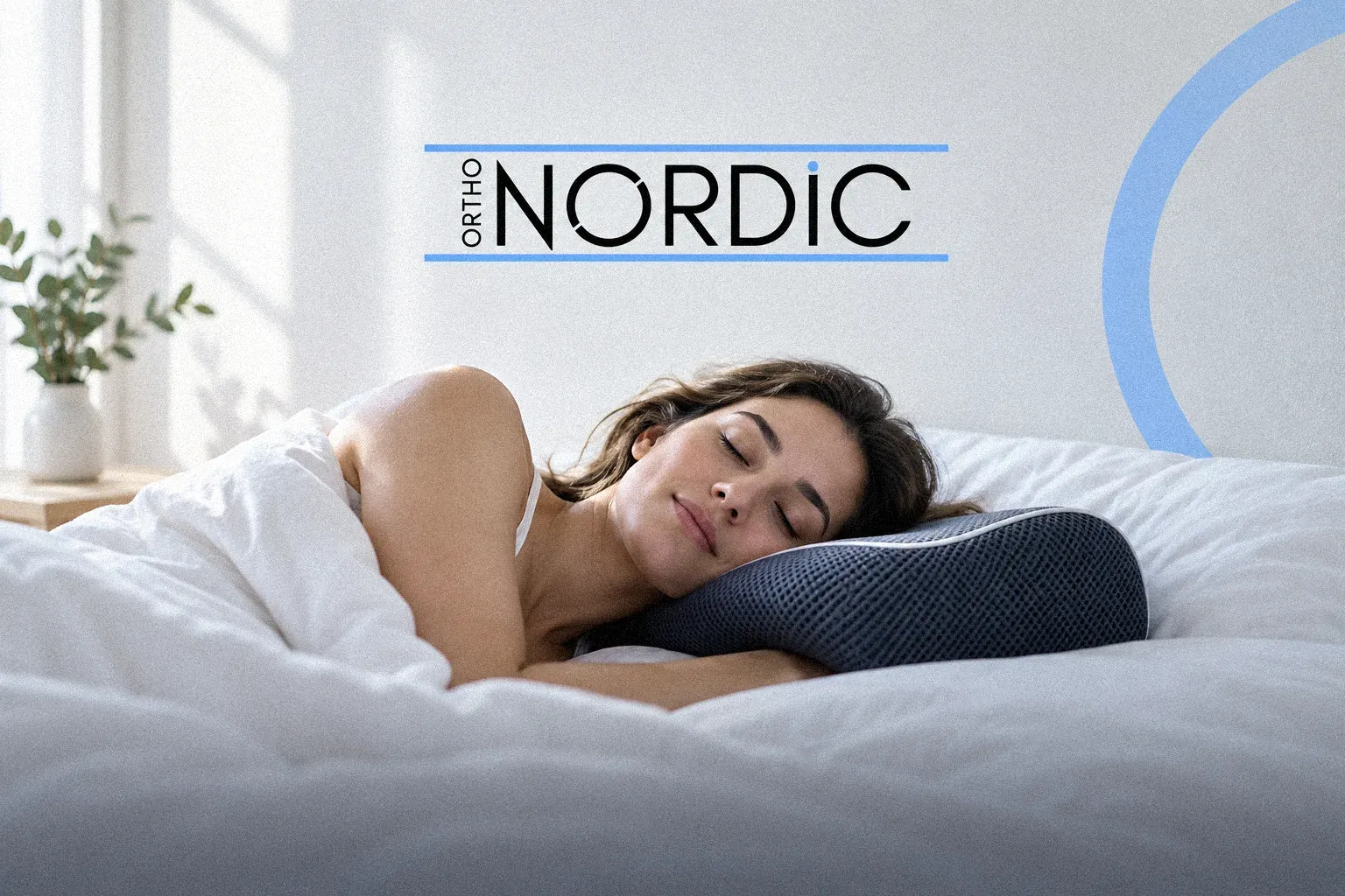 Ortho Nordic: the Ortho Nordic wordmark above a woman asleep on an orthopaedic pillow