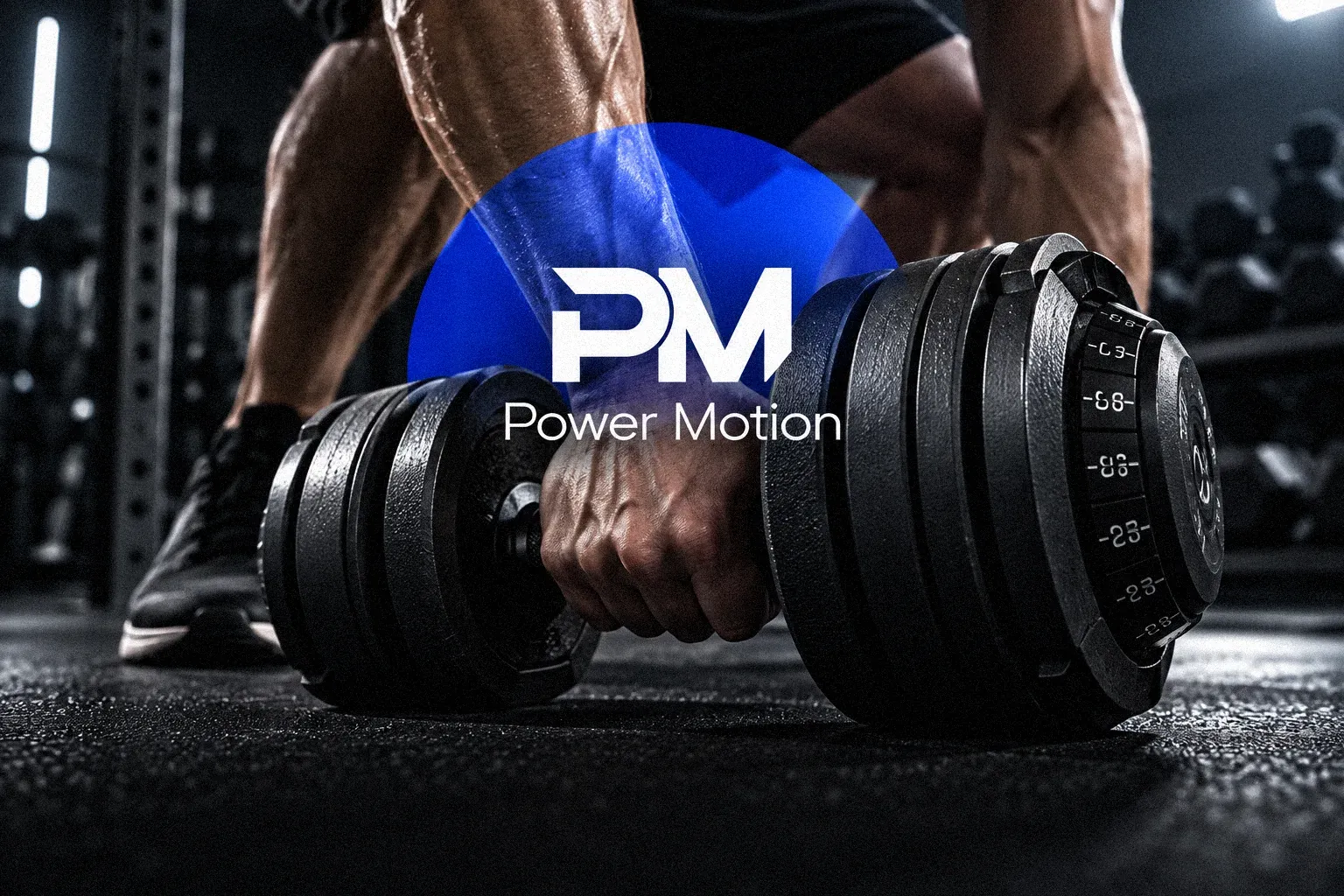 Power Motion: the PM mark over an athlete lifting a dumbbell